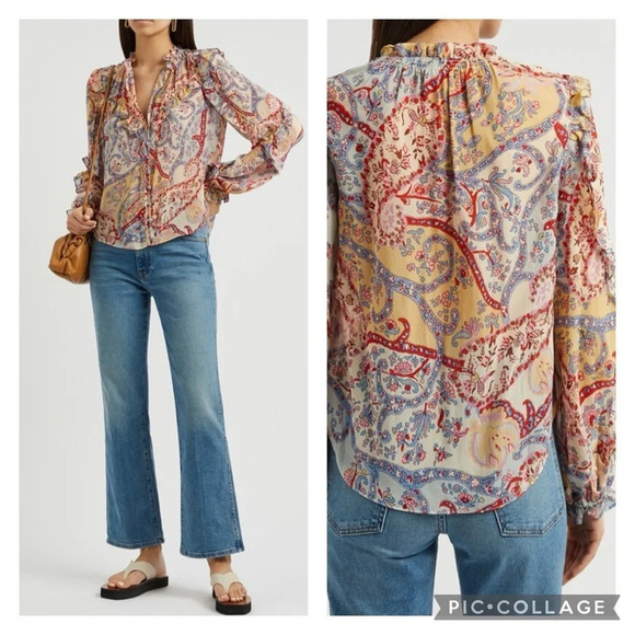 Veronica Beard Andri Paisley Print Silk Chiffon Ruffle Sleeve Sheer Blouse 2 - Picture 2 of 12
